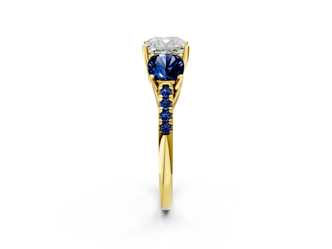 Yellow gold Three-Stone Cushion Cut Diamond Ring with Round with Blue Sapphire side stone Pavé Band and Prong Setting_2