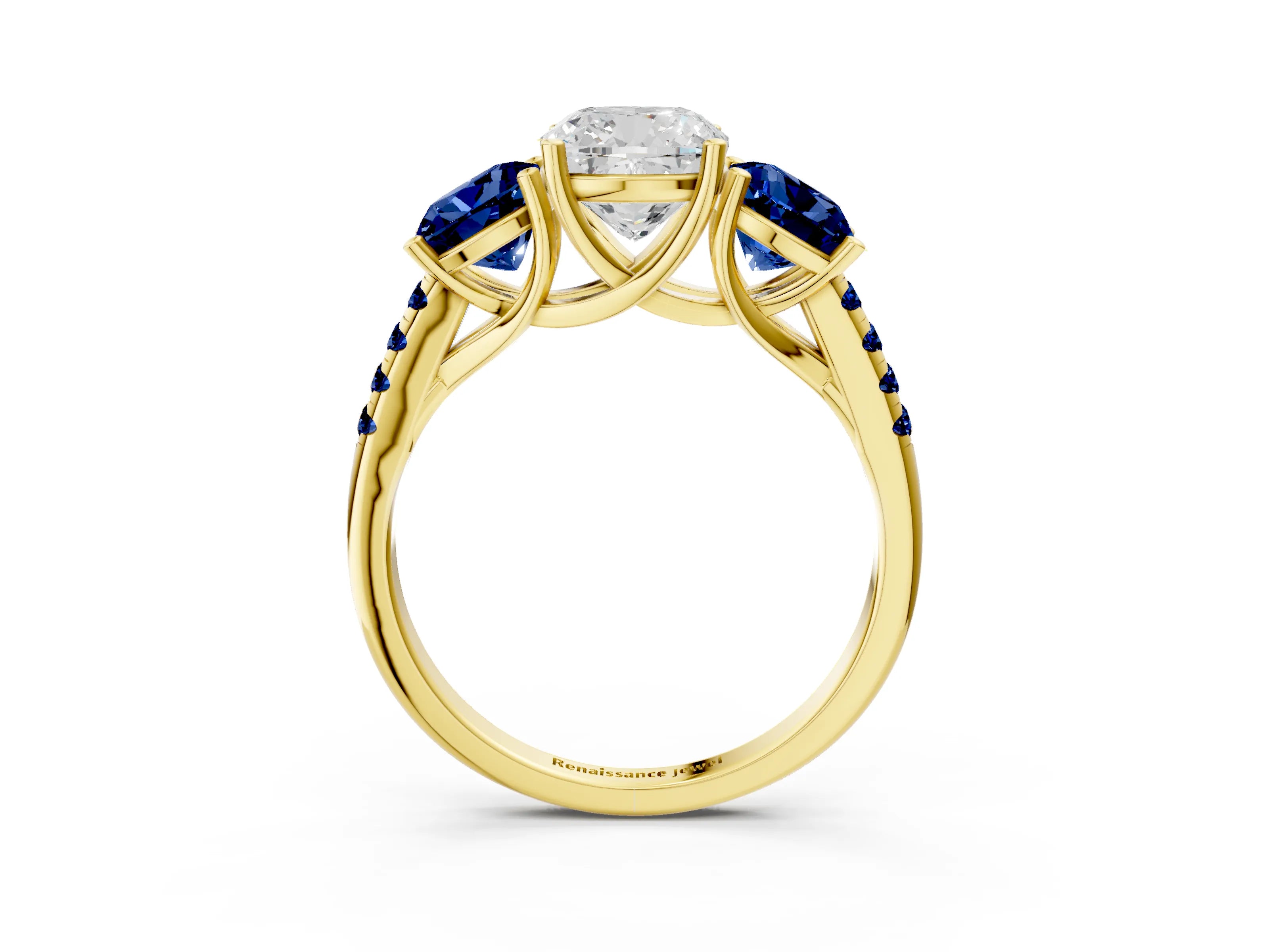 Yellow gold Three-Stone Cushion Cut Diamond Ring with Round with Blue Sapphire side stone Pavé Band and Prong Setting_3