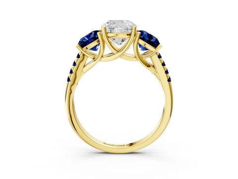 Yellow gold Three-Stone Cushion Cut Diamond Ring with Round with Blue Sapphire side stone Pavé Band and Prong Setting_3