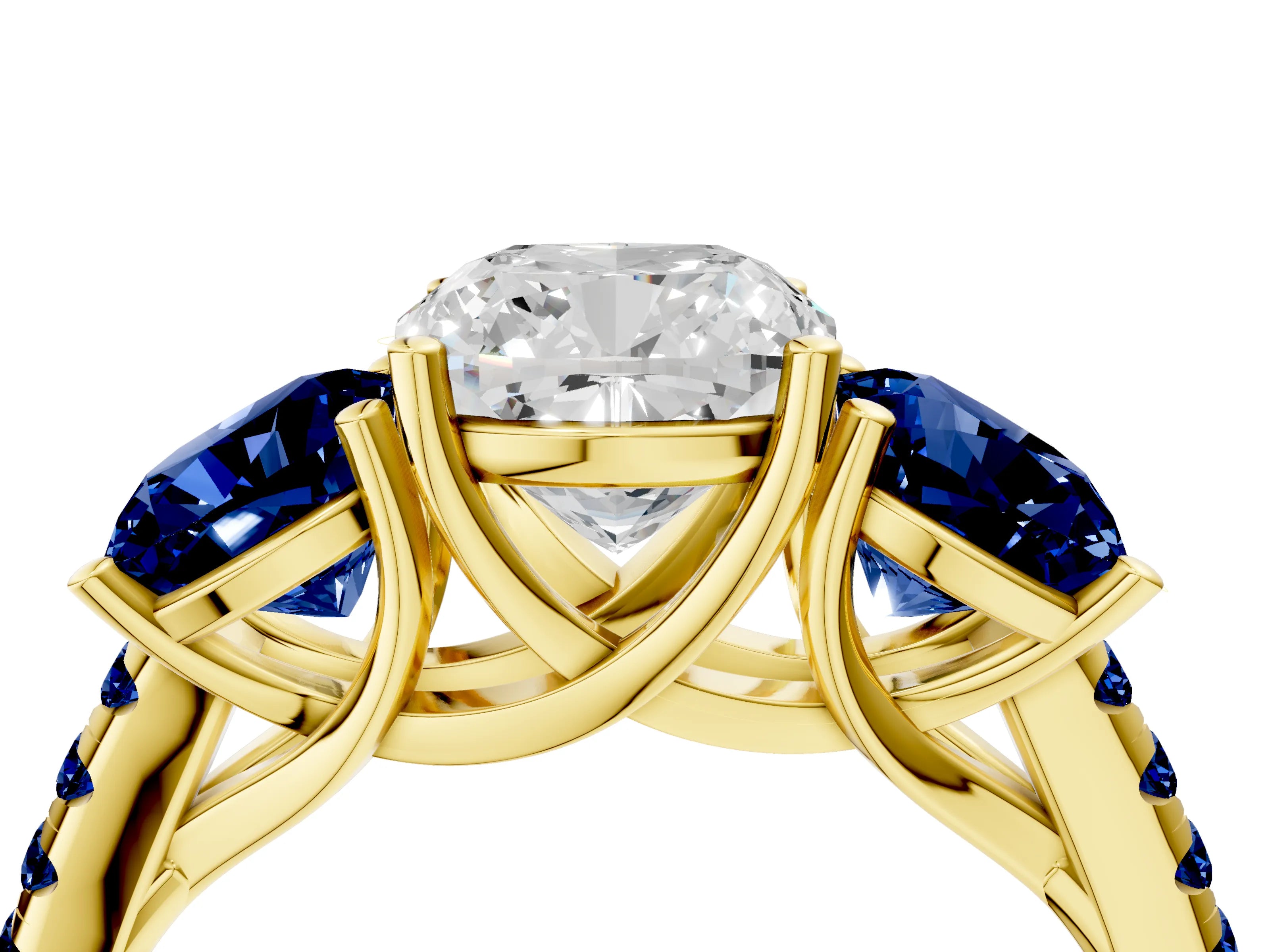 Yellow gold Three-Stone Cushion Cut Diamond Ring with Round with Blue Sapphire side stone Pavé Band and Prong Setting_4