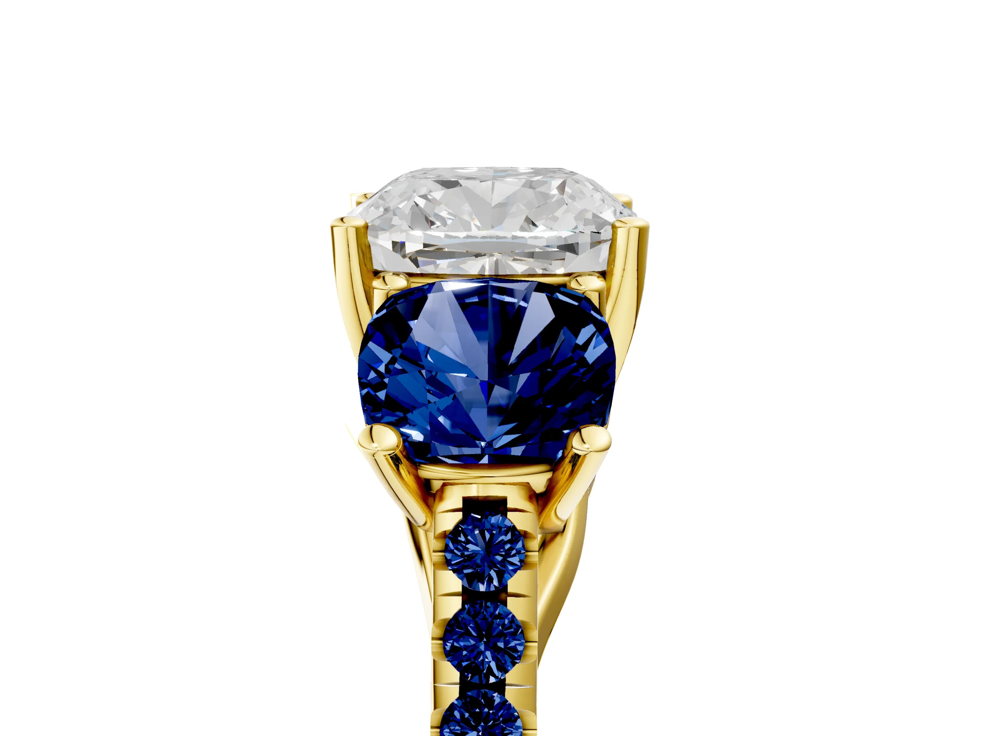 Yellow gold Three-Stone Cushion Cut Diamond Ring with Round with Blue Sapphire side stone Pavé Band and Prong Setting_5