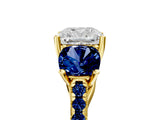 Yellow gold Three-Stone Cushion Cut Diamond Ring with Round with Blue Sapphire side stone Pavé Band and Prong Setting_5