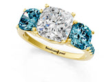 Yellow gold Three-Stone Cushion Cut Diamond Ring with Round with Blue Topaz side stone Pavé Band and Prong Setting_1