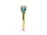 Yellow gold Three-Stone Cushion Cut Diamond Ring with Round with Blue Topaz side stone Pavé Band and Prong Setting_2