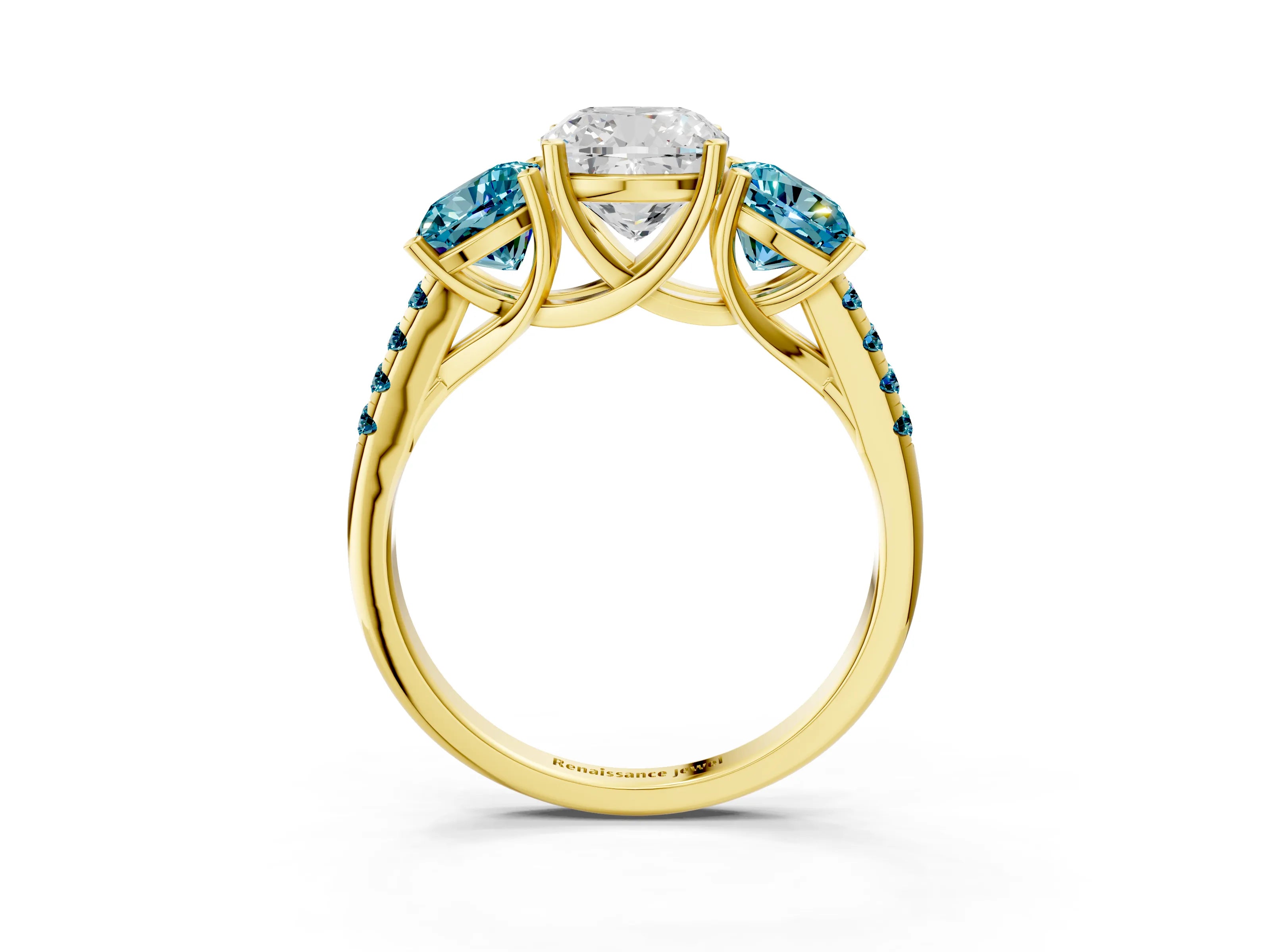 Yellow gold Three-Stone Cushion Cut Diamond Ring with Round with Blue Topaz side stone Pavé Band and Prong Setting_3