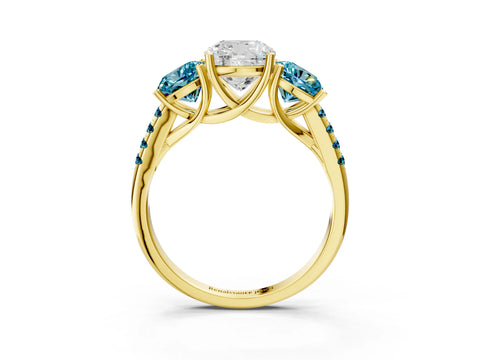 Yellow gold Three-Stone Cushion Cut Diamond Ring with Round with Blue Topaz side stone Pavé Band and Prong Setting_3