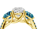 Yellow gold Three-Stone Cushion Cut Diamond Ring with Round with Blue Topaz side stone Pavé Band and Prong Setting_4