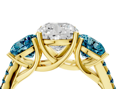 Yellow gold Three-Stone Cushion Cut Diamond Ring with Round with Blue Topaz side stone Pavé Band and Prong Setting_4