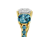 Yellow gold Three-Stone Cushion Cut Diamond Ring with Round with Blue Topaz side stone Pavé Band and Prong Setting_5