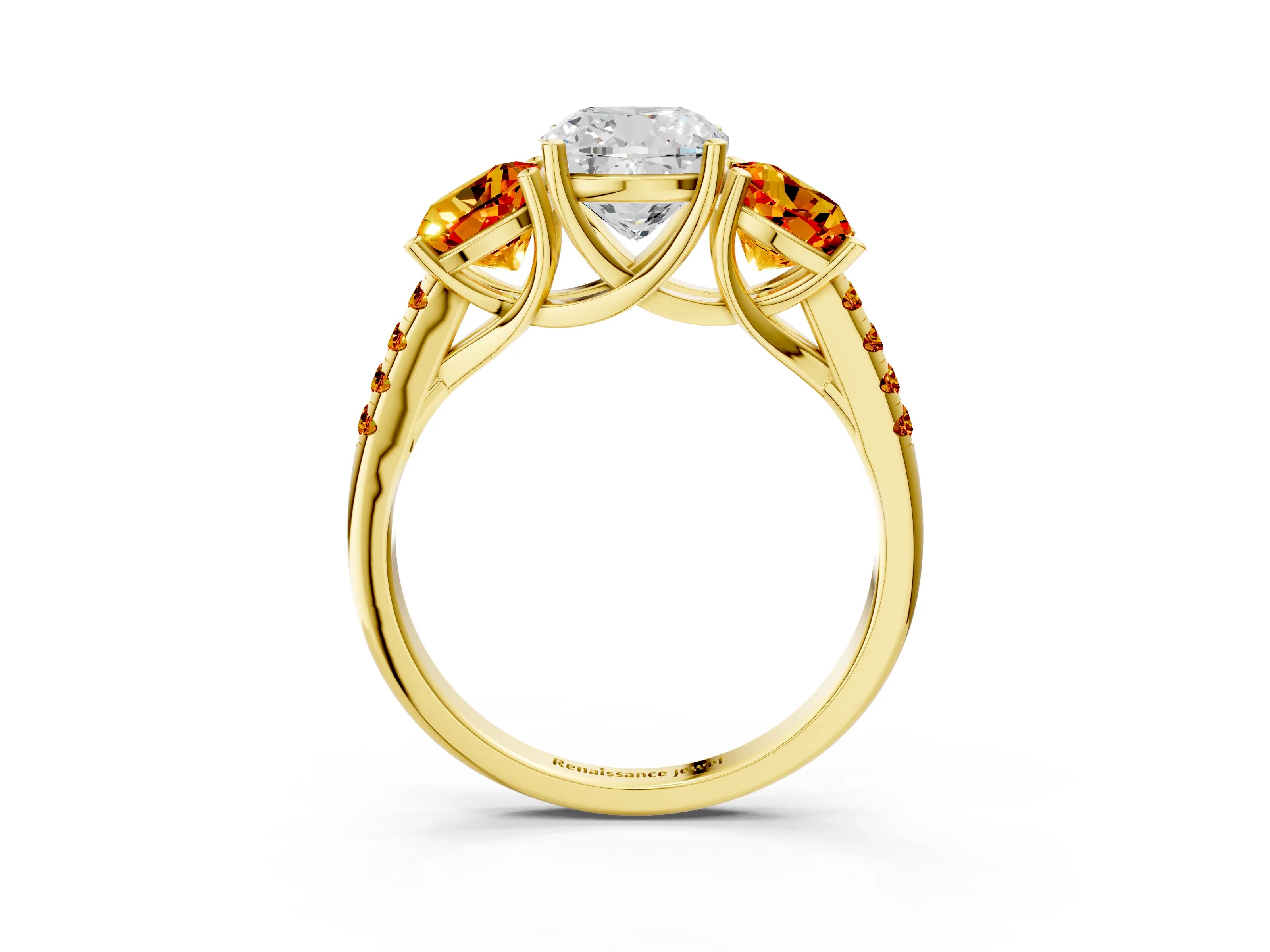 Yellow gold Three-Stone Cushion Cut Diamond Ring with Round with Citrine side stone Pavé Band and Prong Setting_3