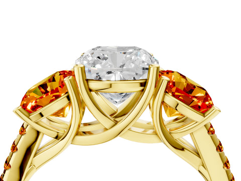 Yellow gold Three-Stone Cushion Cut Diamond Ring with Round with Citrine side stone Pavé Band and Prong Setting_4