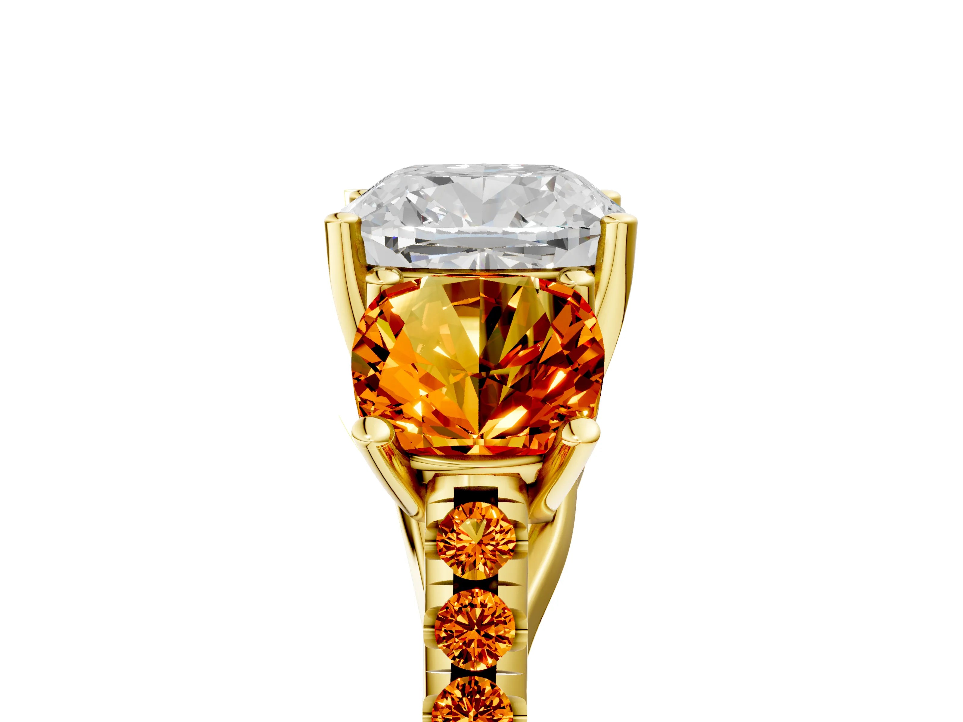 Yellow gold Three-Stone Cushion Cut Diamond Ring with Round with Citrine side stone Pavé Band and Prong Setting_5