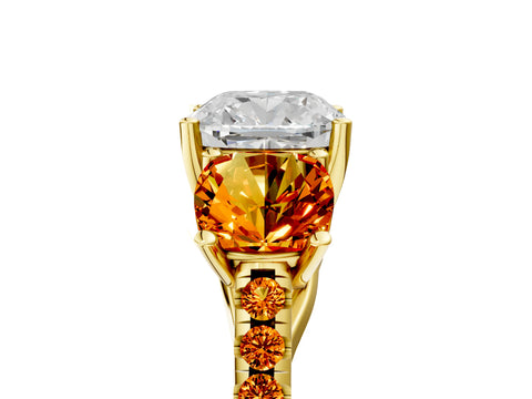 Yellow gold Three-Stone Cushion Cut Diamond Ring with Round with Citrine side stone Pavé Band and Prong Setting_5
