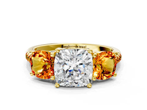 Yellow gold Three-Stone Cushion Cut Diamond Ring with Round with Citrine side stone Pavé Band and Prong Setting