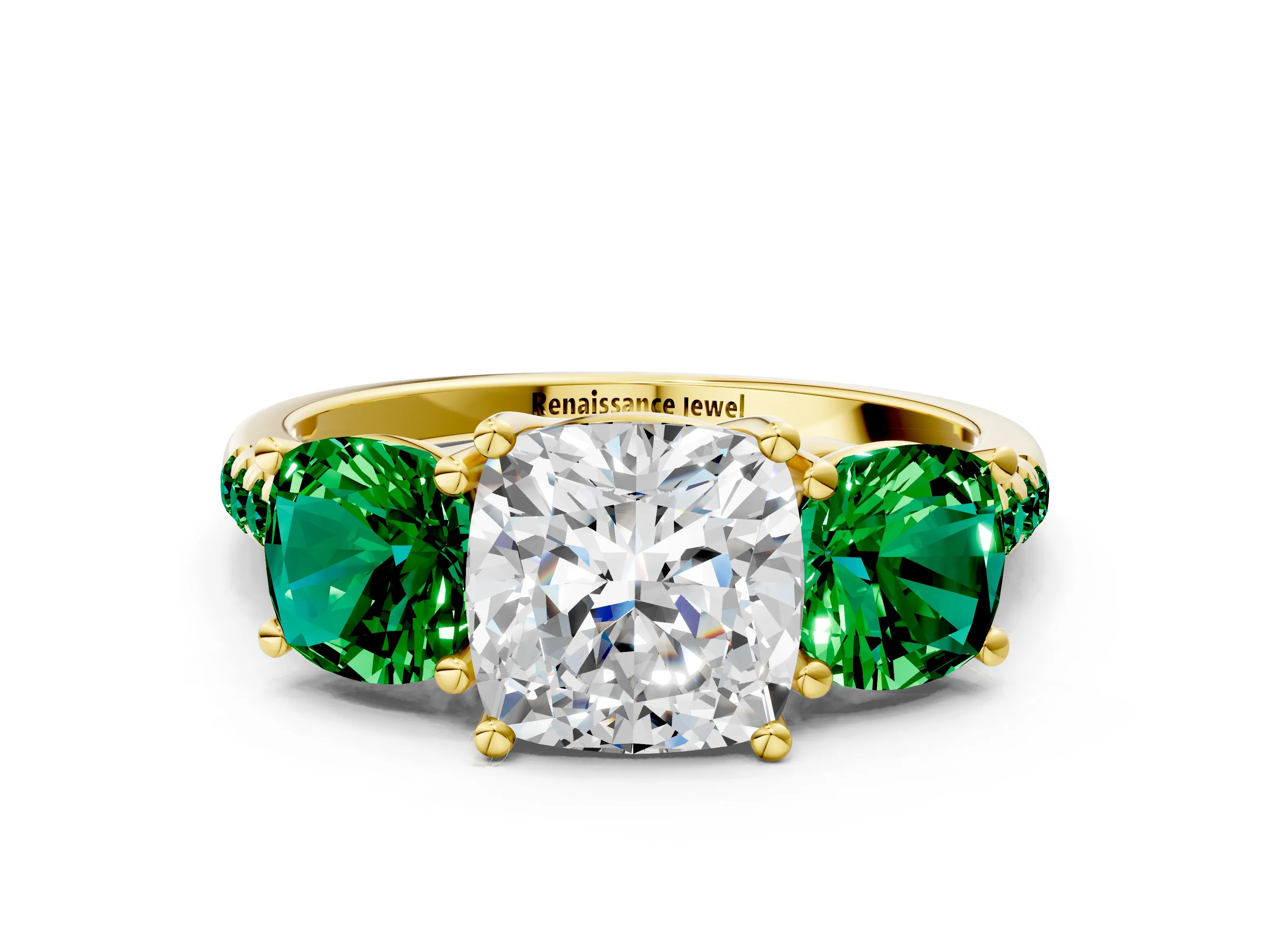 Yellow gold Three-Stone Cushion Cut Diamond Ring with Round with Emerald side stone Pavé Band and Prong Setting
