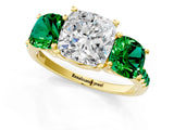 Yellow gold Three-Stone Cushion Cut Diamond Ring with Round with Emerald side stone Pavé Band and Prong Setting_1