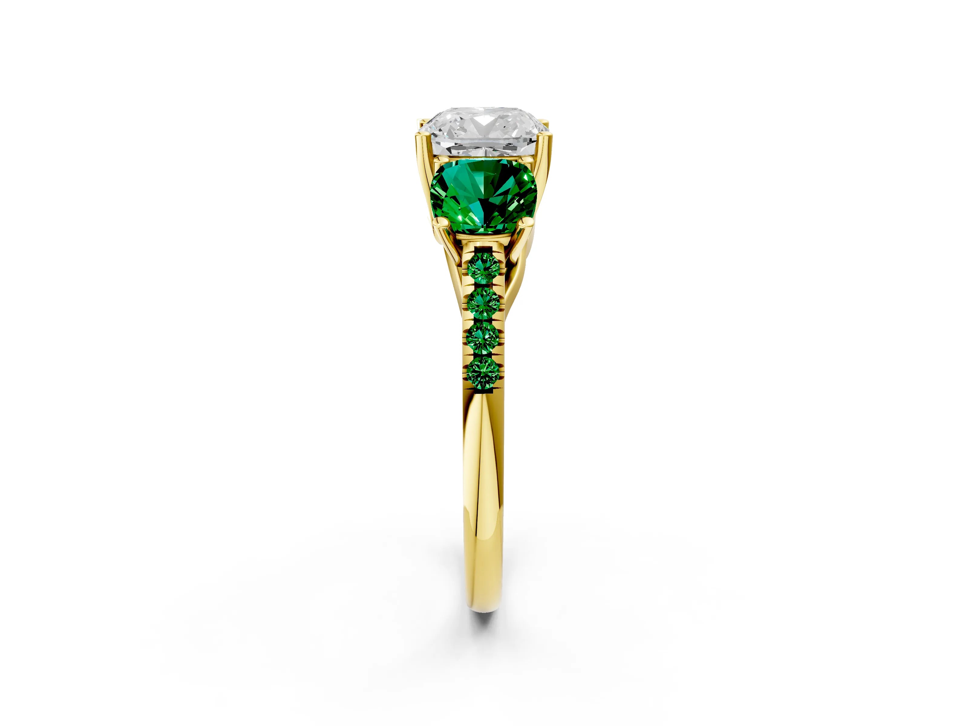 Yellow gold Three-Stone Cushion Cut Diamond Ring with Round with Emerald side stone Pavé Band and Prong Setting_2