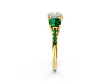 Yellow gold Three-Stone Cushion Cut Diamond Ring with Round with Emerald side stone Pavé Band and Prong Setting_2