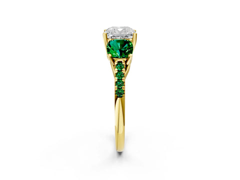 Yellow gold Three-Stone Cushion Cut Diamond Ring with Round with Emerald side stone Pavé Band and Prong Setting_2