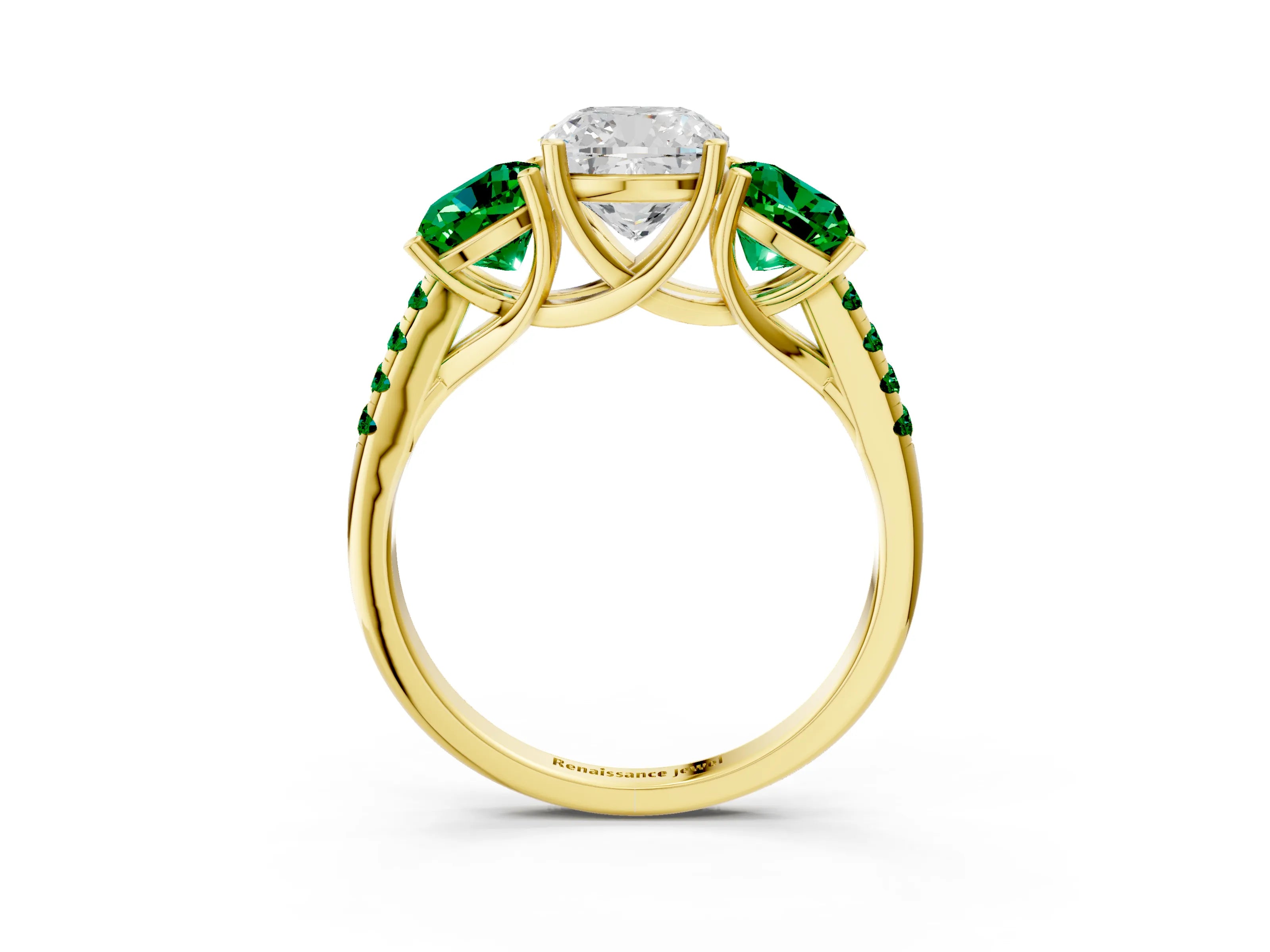 Yellow gold Three-Stone Cushion Cut Diamond Ring with Round with Emerald side stone Pavé Band and Prong Setting_3
