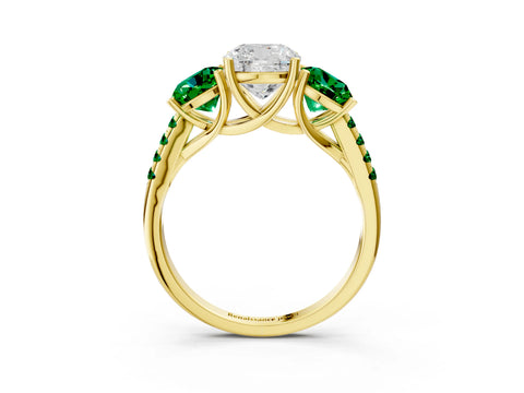 Yellow gold Three-Stone Cushion Cut Diamond Ring with Round with Emerald side stone Pavé Band and Prong Setting_3
