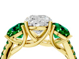 Yellow gold Three-Stone Cushion Cut Diamond Ring with Round with Emerald side stone Pavé Band and Prong Setting_4