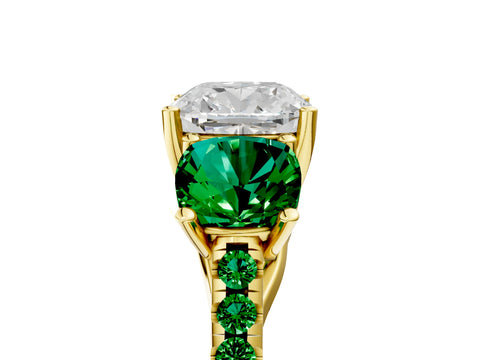 Yellow gold Three-Stone Cushion Cut Diamond Ring with Round with Emerald side stone Pavé Band and Prong Setting_5
