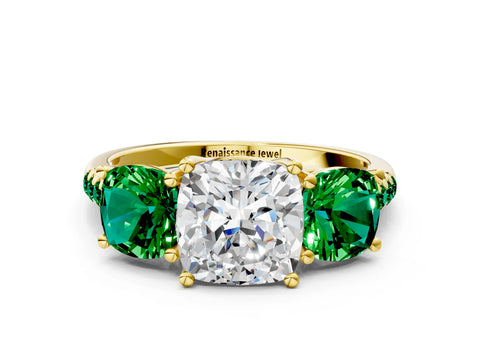 Yellow gold Three-Stone Cushion Cut Diamond Ring with Round with Emerald side stone Pavé Band and Prong Setting