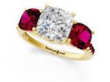 Yellow gold Three-Stone Cushion Cut Diamond Ring with Round with Garnet side stone Pavé Band and Prong Setting_1