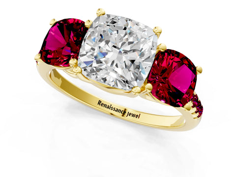 Yellow gold Three-Stone Cushion Cut Diamond Ring with Round with Garnet side stone Pavé Band and Prong Setting_1