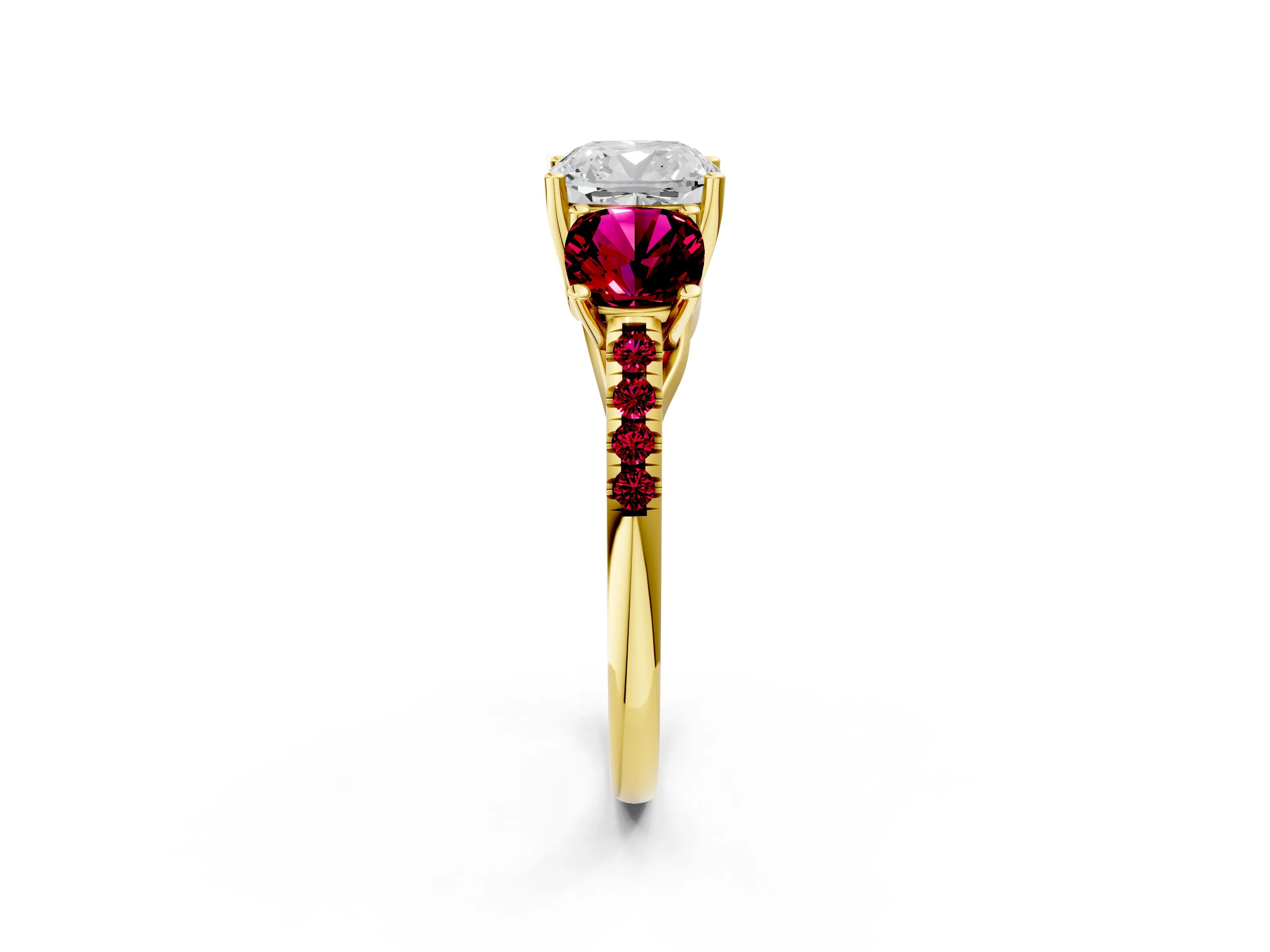 Yellow gold Three-Stone Cushion Cut Diamond Ring with Round with Garnet side stone Pavé Band and Prong Setting_2