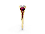 Yellow gold Three-Stone Cushion Cut Diamond Ring with Round with Garnet side stone Pavé Band and Prong Setting_2