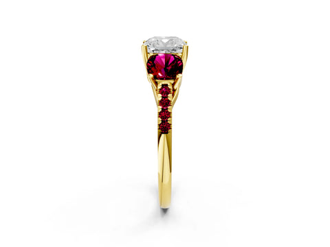 Yellow gold Three-Stone Cushion Cut Diamond Ring with Round with Garnet side stone Pavé Band and Prong Setting_2