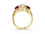 Yellow gold Three-Stone Cushion Cut Diamond Ring with Round with Garnet side stone Pavé Band and Prong Setting_3