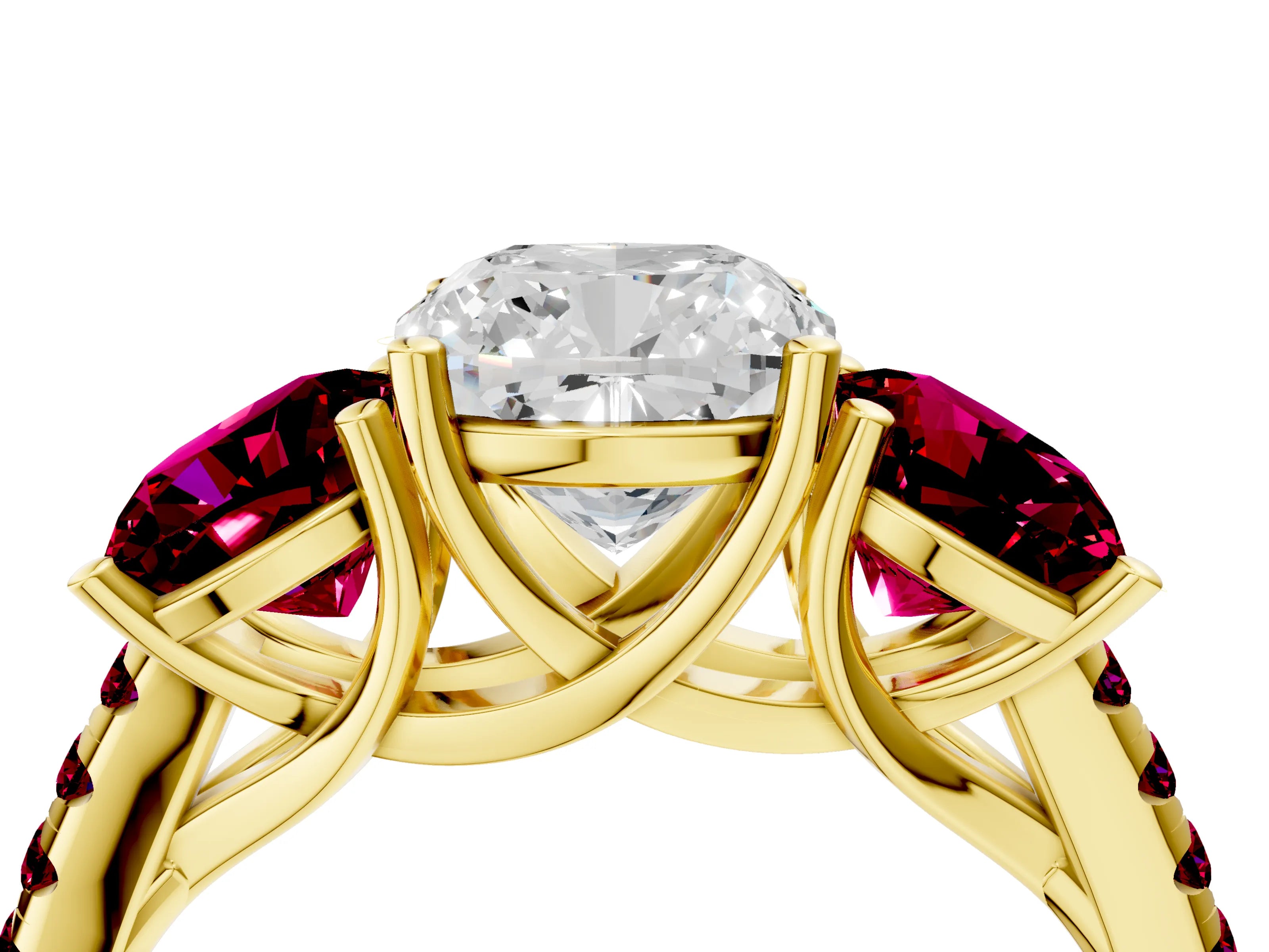 Yellow gold Three-Stone Cushion Cut Diamond Ring with Round with Garnet side stone Pavé Band and Prong Setting_4