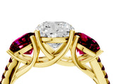 Yellow gold Three-Stone Cushion Cut Diamond Ring with Round with Garnet side stone Pavé Band and Prong Setting_4
