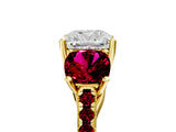 Yellow gold Three-Stone Cushion Cut Diamond Ring with Round with Garnet side stone Pavé Band and Prong Setting_5