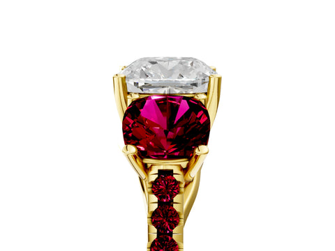Yellow gold Three-Stone Cushion Cut Diamond Ring with Round with Garnet side stone Pavé Band and Prong Setting_5