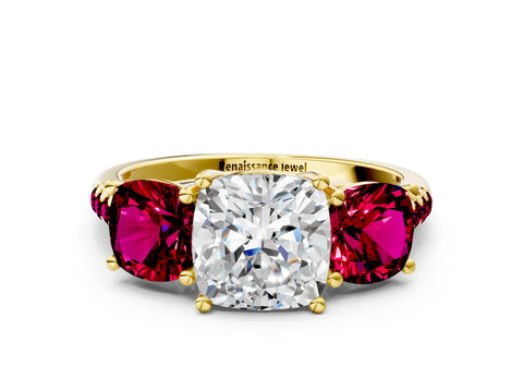Yellow gold Three-Stone Cushion Cut Diamond Ring with Round with Garnet side stone Pavé Band and Prong Setting