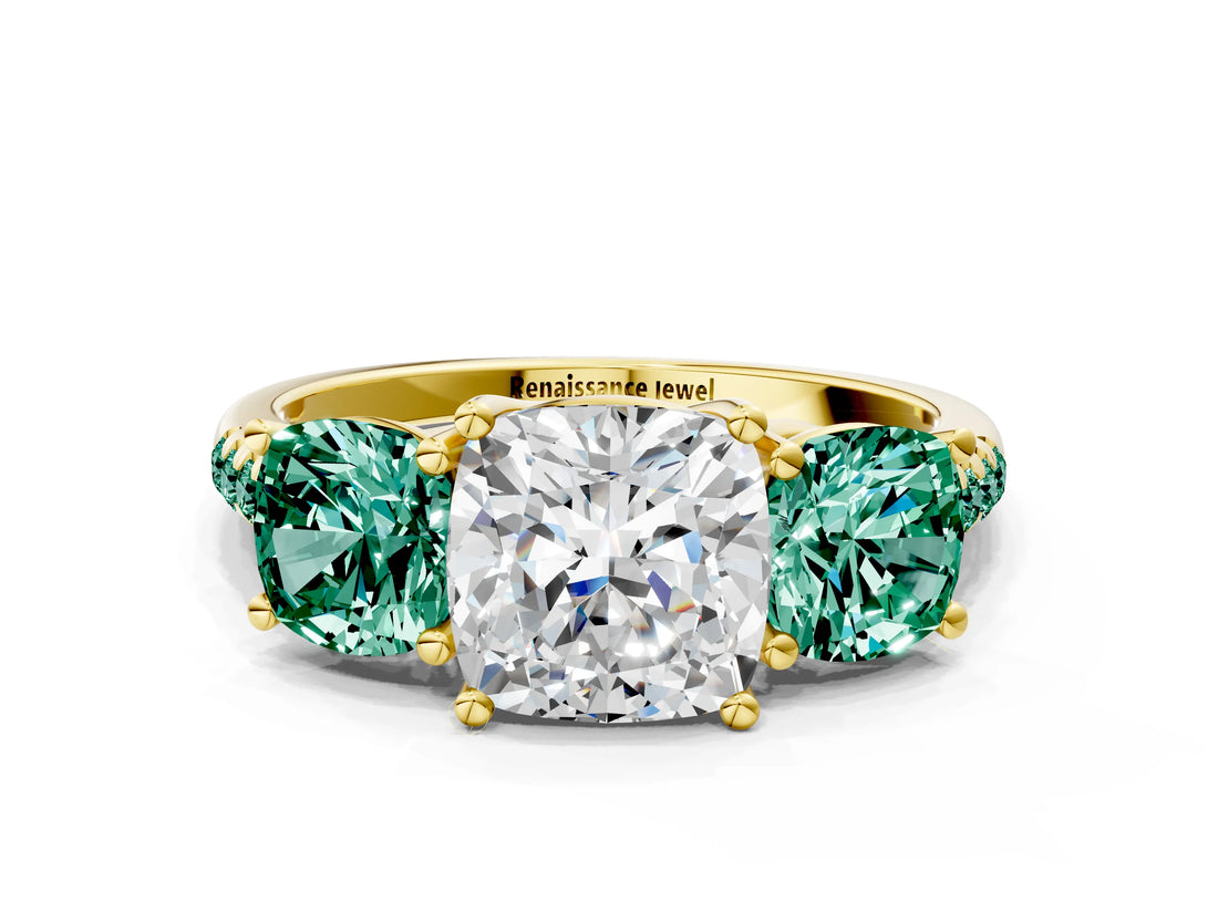 Yellow gold Three-Stone Cushion Cut Diamond Ring with Round with Green Sapphire side stone Pavé Band and Prong Setting