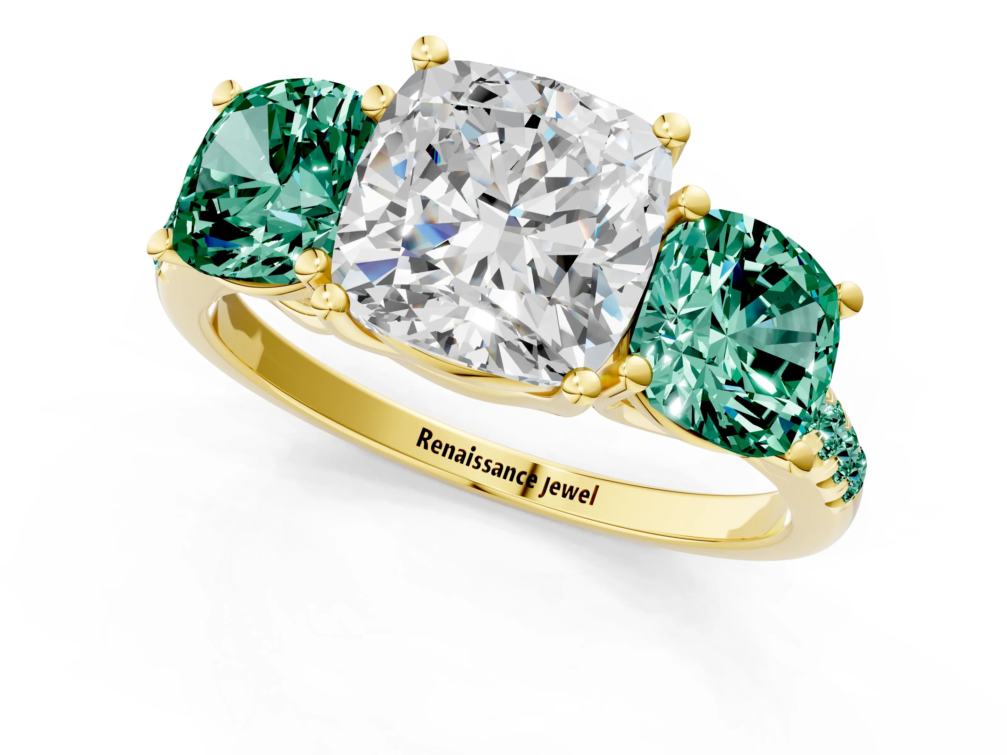 Yellow gold Three-Stone Cushion Cut Diamond Ring with Round with Green Sapphire side stone Pavé Band and Prong Setting_1