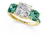 Yellow gold Three-Stone Cushion Cut Diamond Ring with Round with Green Sapphire side stone Pavé Band and Prong Setting_1
