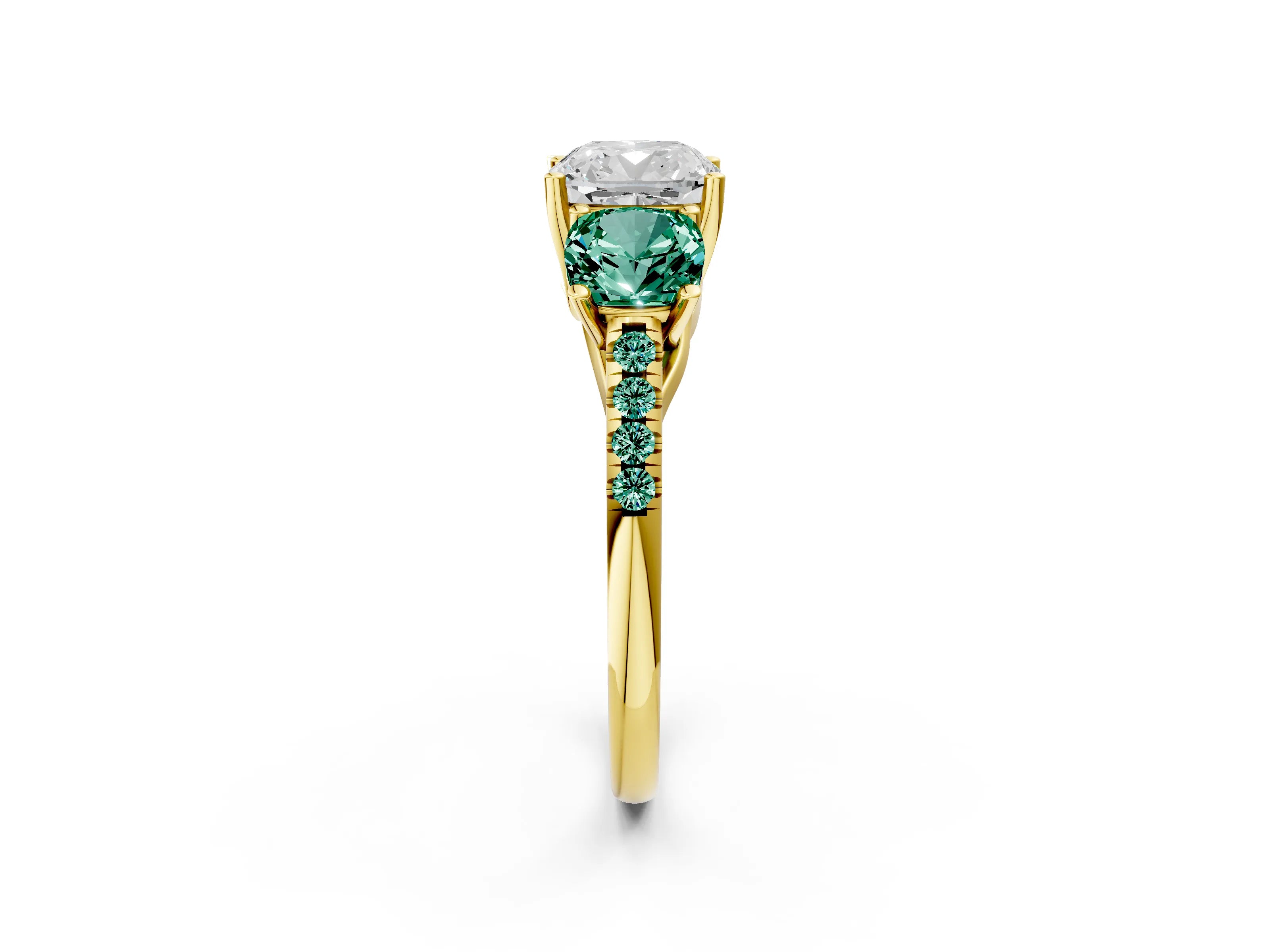 Yellow gold Three-Stone Cushion Cut Diamond Ring with Round with Green Sapphire side stone Pavé Band and Prong Setting_2