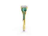 Yellow gold Three-Stone Cushion Cut Diamond Ring with Round with Green Sapphire side stone Pavé Band and Prong Setting_2