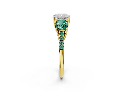 Yellow gold Three-Stone Cushion Cut Diamond Ring with Round with Green Sapphire side stone Pavé Band and Prong Setting_2