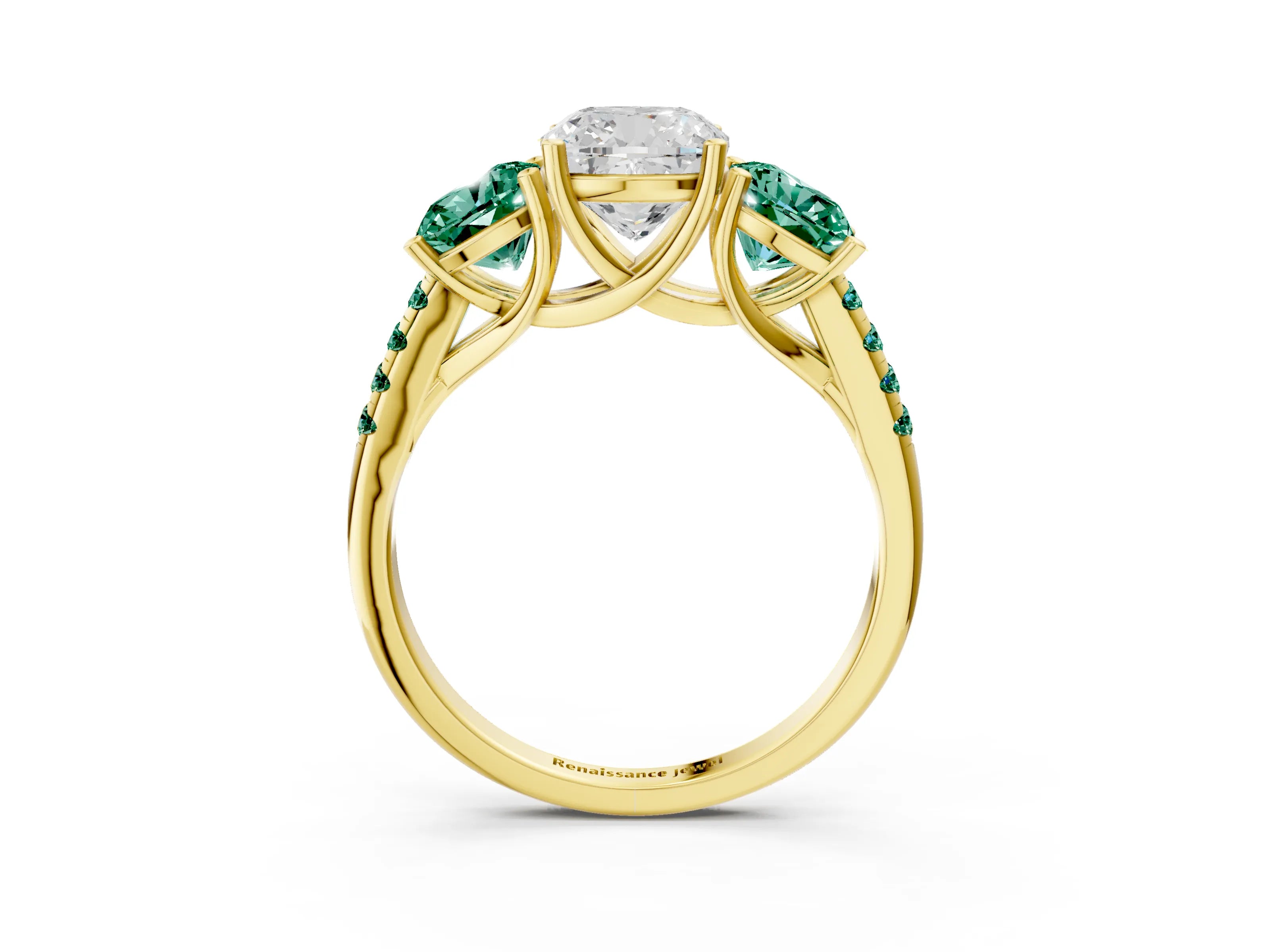 Yellow gold Three-Stone Cushion Cut Diamond Ring with Round with Green Sapphire side stone Pavé Band and Prong Setting_3