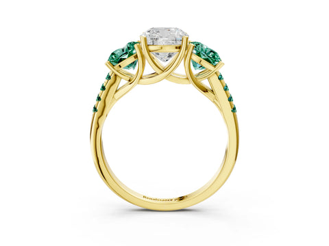 Yellow gold Three-Stone Cushion Cut Diamond Ring with Round with Green Sapphire side stone Pavé Band and Prong Setting_3
