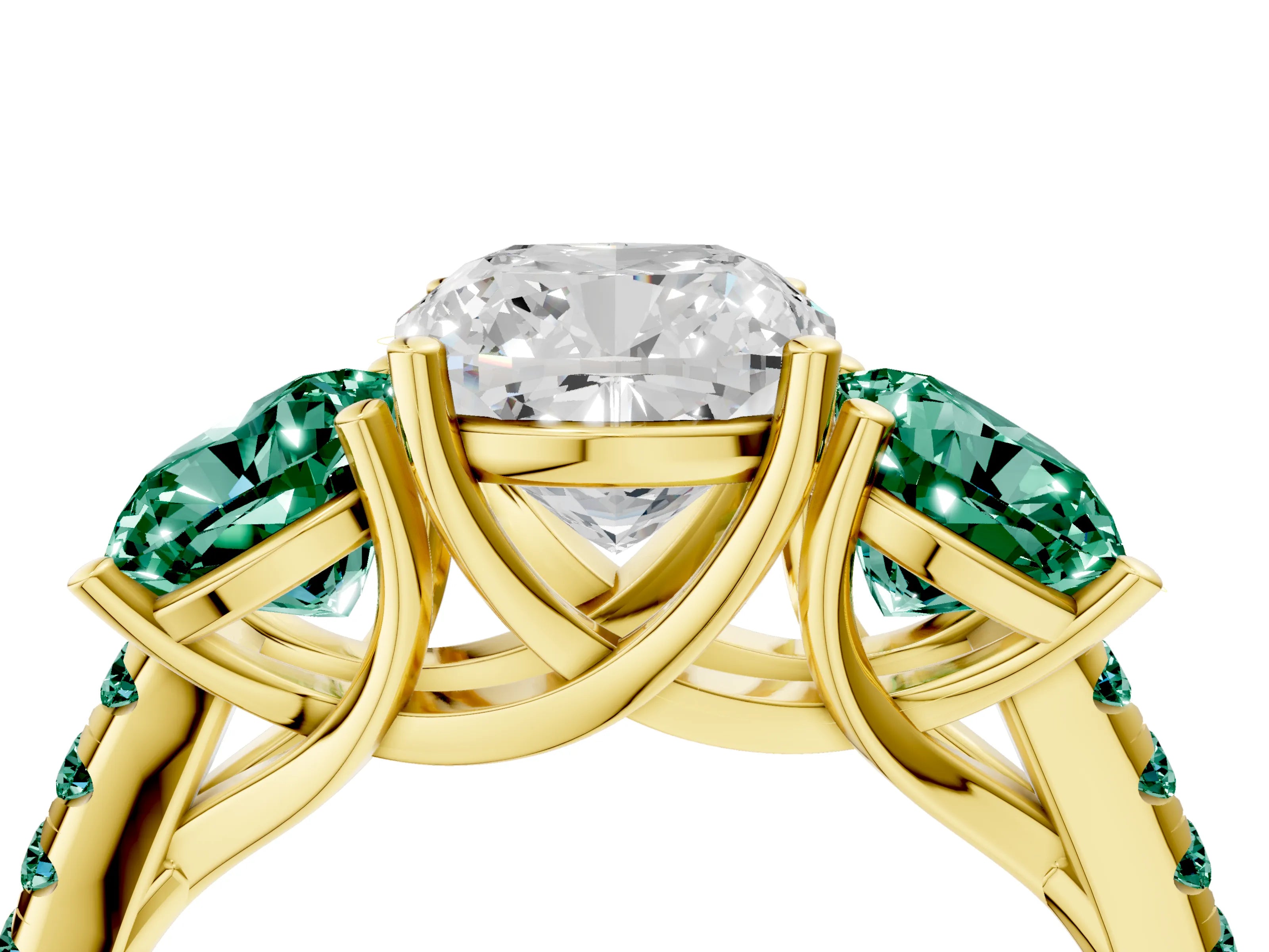 Yellow gold Three-Stone Cushion Cut Diamond Ring with Round with Green Sapphire side stone Pavé Band and Prong Setting_4