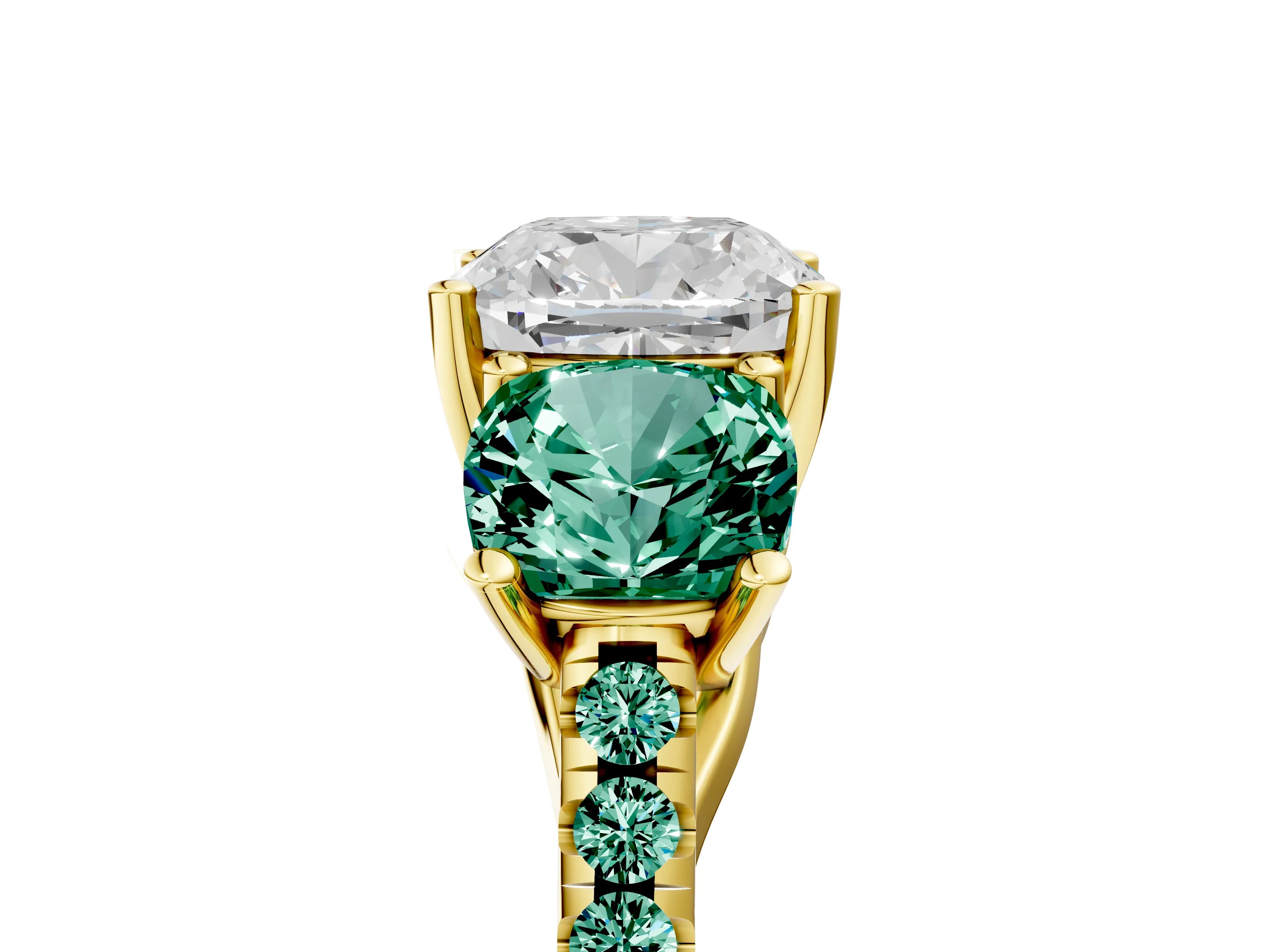 Yellow gold Three-Stone Cushion Cut Diamond Ring with Round with Green Sapphire side stone Pavé Band and Prong Setting_5
