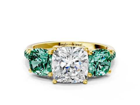 Yellow gold Three-Stone Cushion Cut Diamond Ring with Round with Green Sapphire side stone Pavé Band and Prong Setting